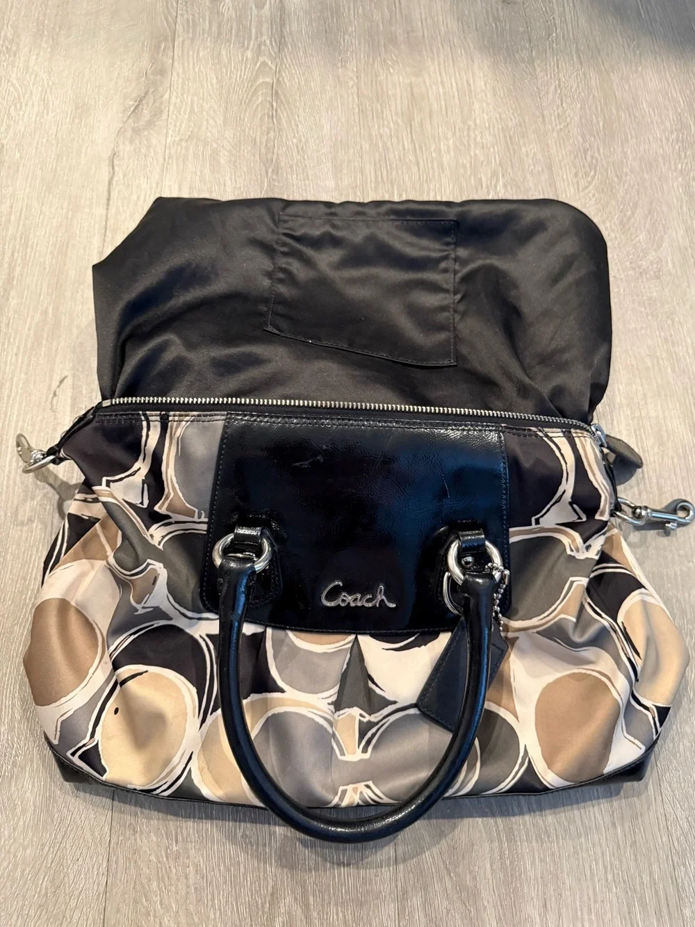 Coach (2011) Ashley Scarf Print Satin Satchel Bag- Black